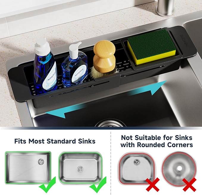 NiHome Extendable Over Sink Kitchen Organizer, Small Telescopic Brush Storage Rack for Sponge, Non-Slip Pads Expandable Sink Caddy, Adjustable Sponge/Brush Rack with Drainage Durable ABS (Black)