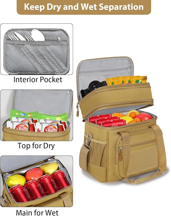 GLENKEY Tactical Lunch Box Cooler Bag - Expandable Insulated Lunch Bag for Men Women - Large Lunchbox for Adults Work Shifts Outdoor Trips Brown 16L