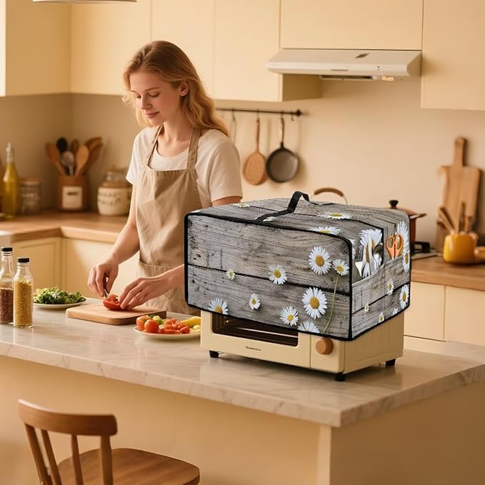 Toaster Oven Cover Washable Small Kitchen Appliance Dust Cover with Pockets, for Air Fryer Toaster Ovens, Microwaves, S, 14.5 x 18.5 x 9 Inches, Daisy Wood Grain