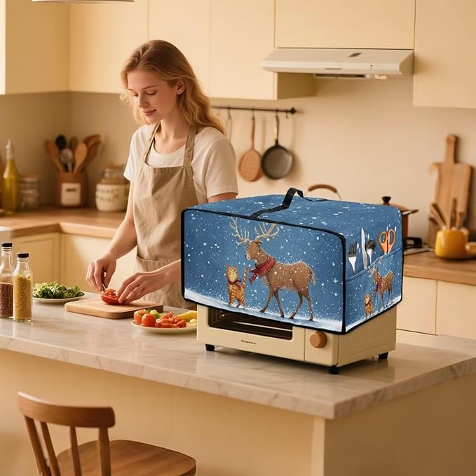 Air Fryer Toaster Oven Dust Cover Countertop Microwave Dust Cover Protector, Compatible with Convection Oven, L, 18.5 x 22.5 x 13 Inches, Reindeer Cat Christmas Decor