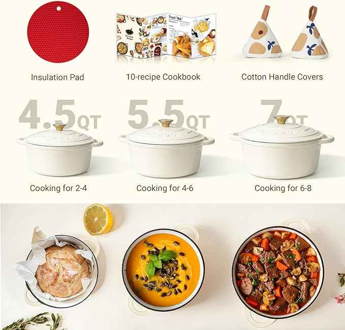 Overmont Enameled Cast Iron Dutch Oven - 4.5QT Pot with Lid Cookbook & Cotton Potholders - Heavy-Duty Cookware for Braising, Stews, Roasting, Bread Baking Cream White
