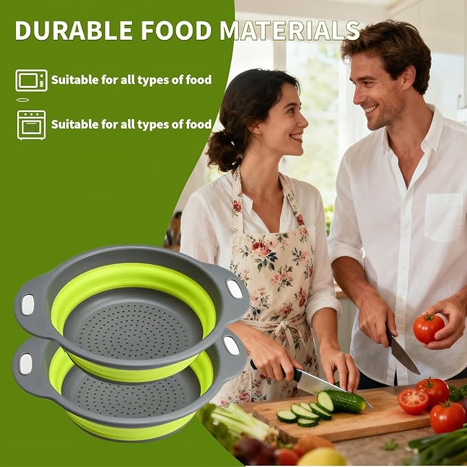 Silicone Colander Collapsible Strainers Set for Kitchen- 2 Pack (5Qt) -Over Home Draining Basket, Food Vegetables & Fruits-Dishwasher Safe, Space Saving Design (Greeen)