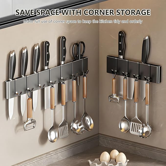 Kitchen Utensil Hanger: Wall Mount Holder Hanging Rack,7 Hooks Utensil Racks,No Drilling for Kitchen,Pantry,Bathroom,Livingroom 15.75 Inch (Black)