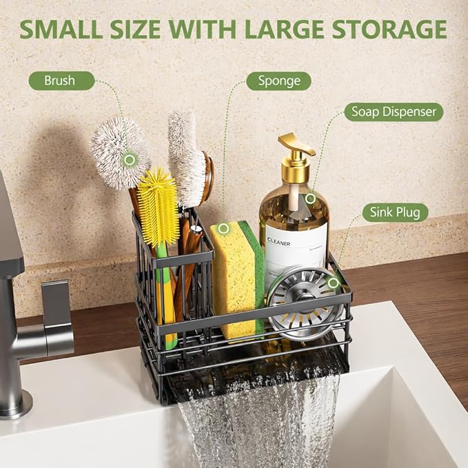 Cisily Sink Caddy Sponge Holder for Kitchen with Brush Holder and Stainless Steel Self Drain Tray, Rustproof Kitchen Sink Organizer for Sponge, Soap Dispenser Storage Accessories (Gray)
