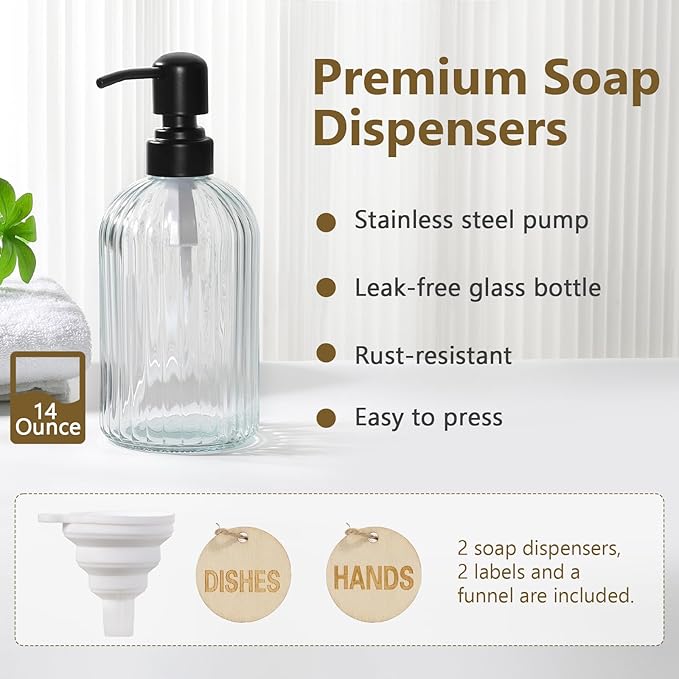 Shinowa Kitchen Dish Soap Dispenser Set, 14OZ Glass Bottle with Rustproof 304 Stainless Steel Sponge Holder and Instant Dry Tray, Hand and Dish Soap Dispenser Set for Kitchen Sink Organizer, Silver