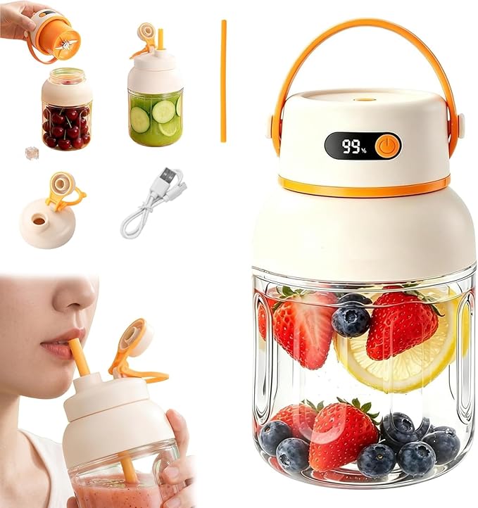 Portable Electric Juicer Cup with Zero Cord Hassle, USB-C Rechargeable Multifunctional Portable Juicer Cup for Smoothies, Protein Shakes, Travel, Gym & Office (1000ML)