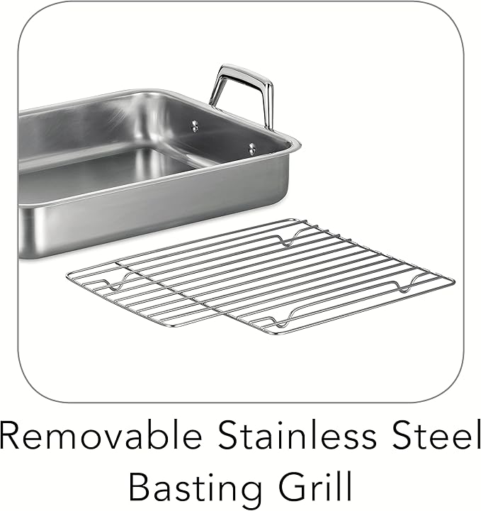 Tramontina 13.5-Inch Stainless Steel Roasting Pan with Rack, Turkey Roaster for Oven, Dishwasher Safe, Made in Brazil