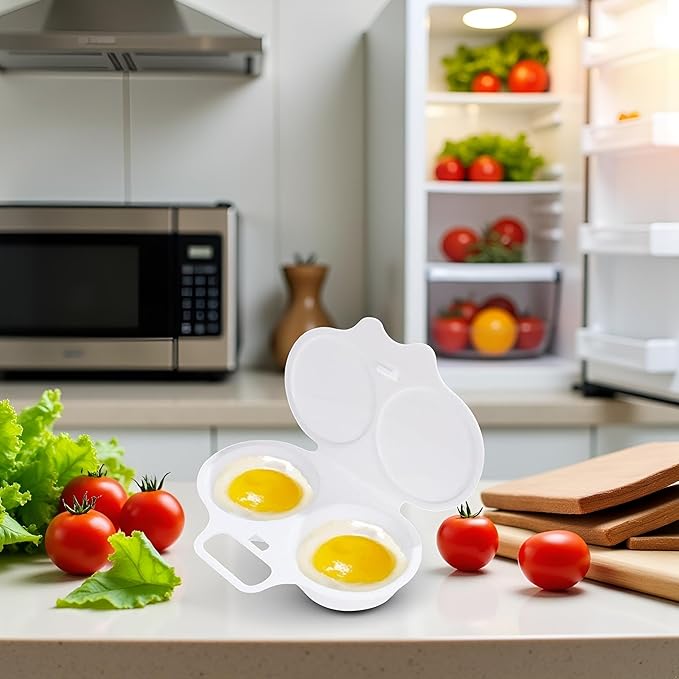 White Egg Poacher, Plastic Egg Boiler Poacher, 2 Cavity Nonstick Poached Egg Maker With Lid, Egg Poacher Microwave Egg Cooker, Drain Poached Egg Cups Cookware,Kitchen Dining Specialty Cookware