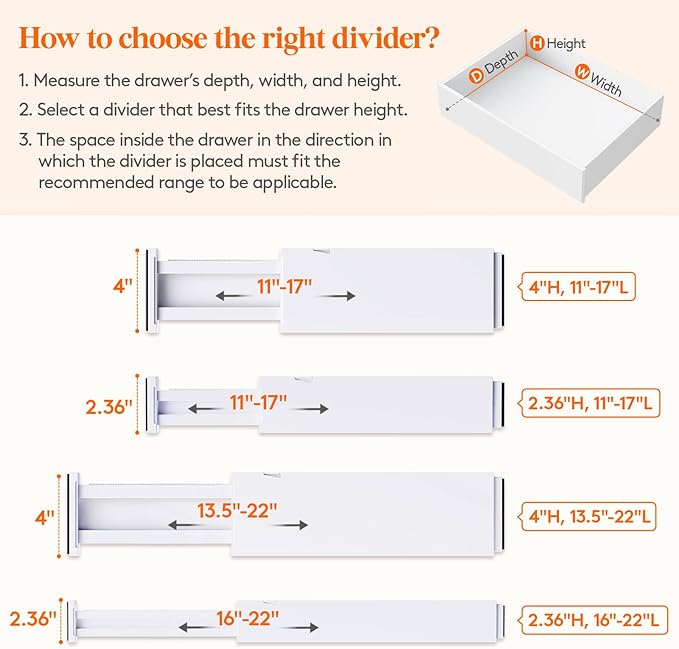 Lifewit 4 Pack 4" High Drawer Dividers 28 -43.5cm/11-17" Adjustable Kitchen Drawer Organiser, Expandable Drawer Dividers Separator for Clothes in Bedroom/Bathroom/Office Organisation & Storage White