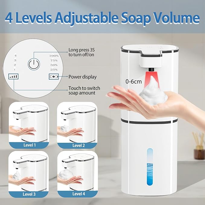 Automatic Soap Dispenser, Dish & Hand Foaming Soap Dispenser for Bathroom Kitchen, Liquid Auto Smart Electric Foam Pump Touchless，420ml-4 Levels Adjustable