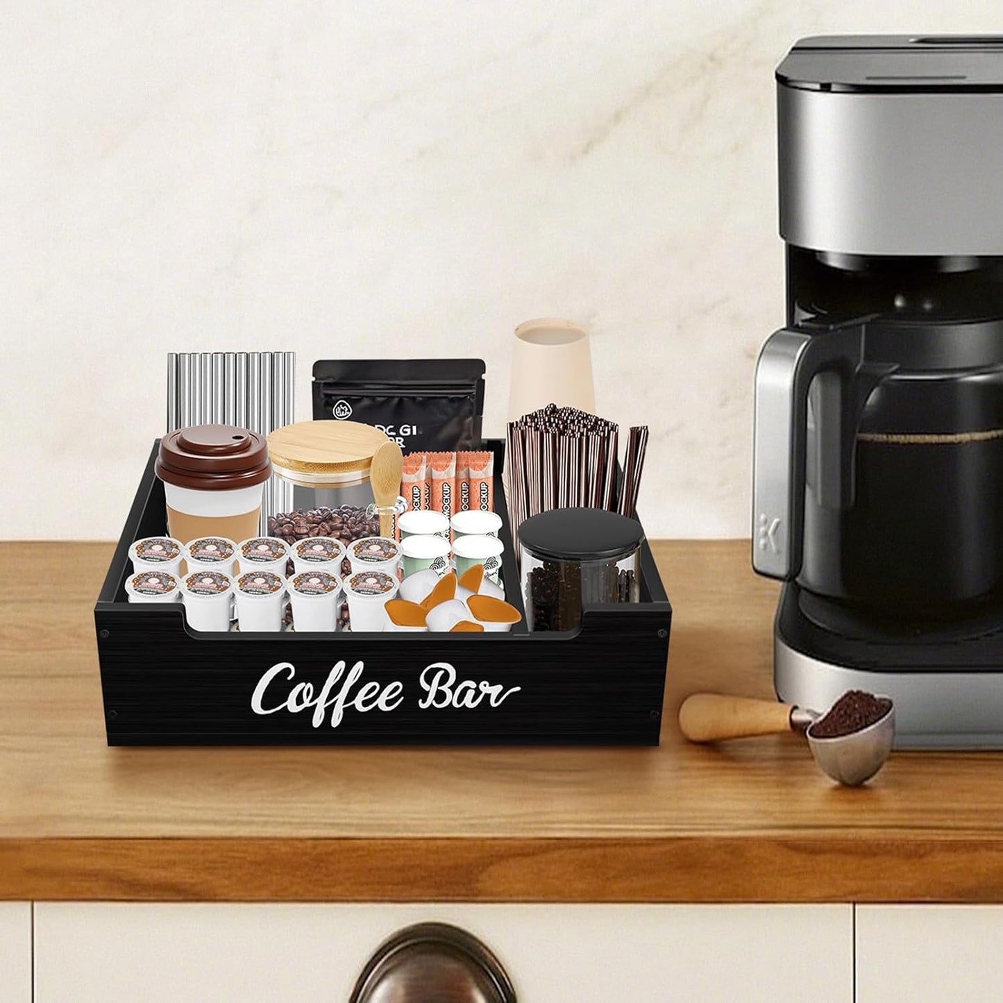 Coffee Pod Bar Station Wooden 14" X 10" X 4" Organizer Box for Countertop, Counter Top Tea Espresso Cup Wood Storage Box, Onyx