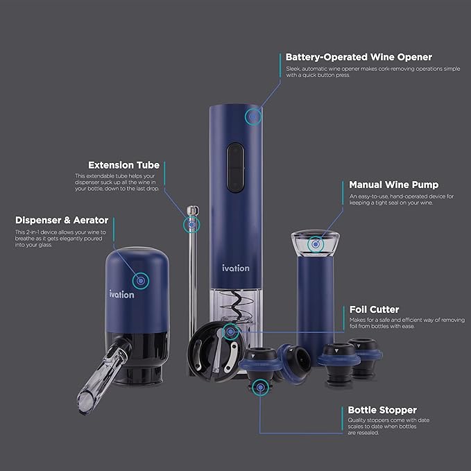 Ivation All-in-One Wine Gift Set – Includes Electric Bottle Opener, Aerator Dispenser, Preserver Pump, 2 Cork Stoppers, Foil Cutter & Gift Box