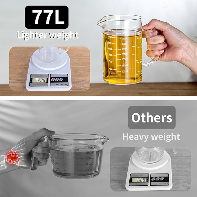 77L 5 Pack Glass Measuring Cup Set, [Insulated handle, V-Shaped Spout], High Borosilicate Liquid Glass Measure Cup for Kitchen, Easy To Read, Dishwasher, Freezer, and Microwave Safe