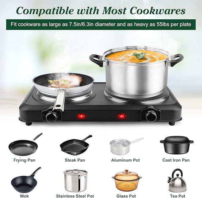 Electric Countertop Double Burner, 1800W Cooktop with Glass Hot Plate, Stepless Temperature Control, Easy to Clean, Indicator Lights, Compatible Cooking Stove for Office Home Camping RV