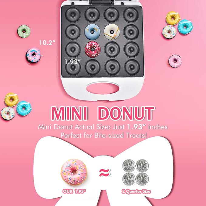 DSP All in One 2 Inch Mini Donut Maker, Non-Stick, Cool Touch, Electric Doughnut Machine for 16 Snacks & Desserts, Perfect for Birthday, Wedding, Baby Shower, Christmas, Party, Afternoon Tea