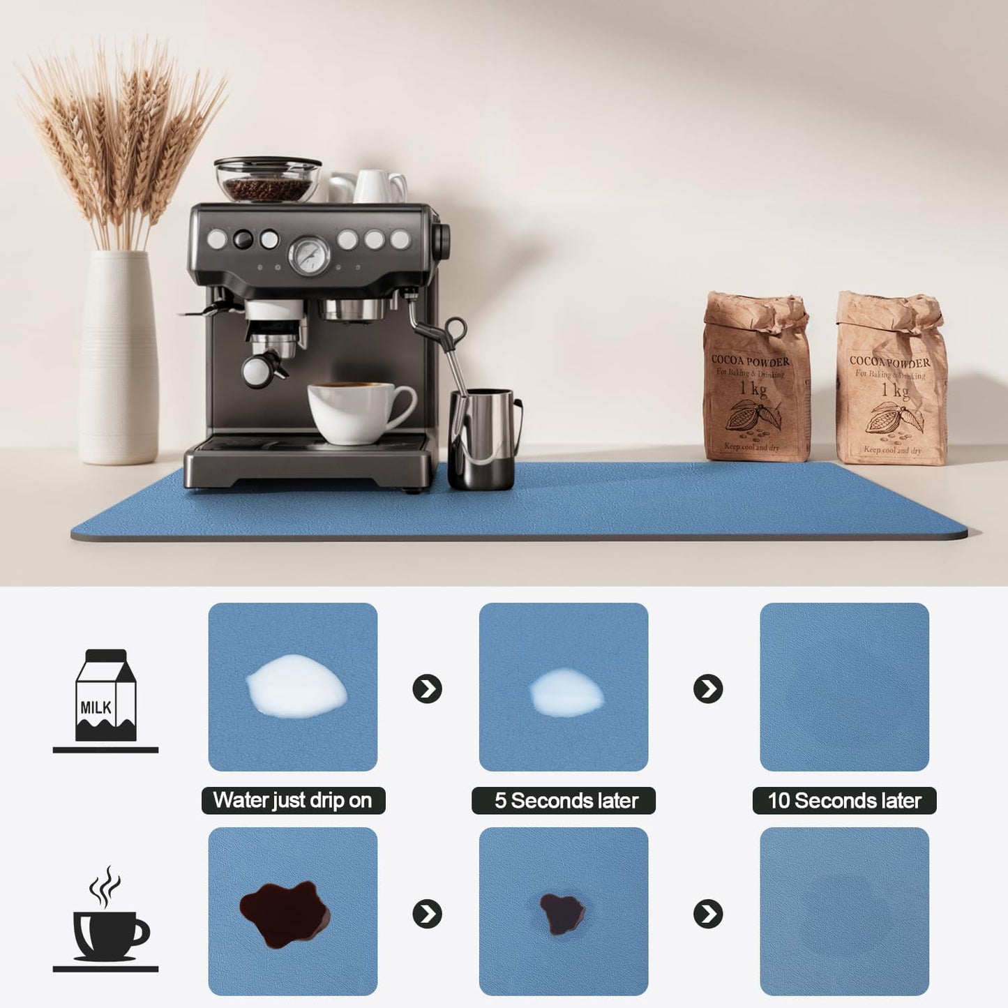 Dish Drying Mat for Kitchen Counter | Coffee Bar Mat for Countertops | Heat Resistant Drainer Mat with Non-slip Rubber Backed | Hide Stain Kitchen Absorbent Draining Mat | Blue 18"x32"