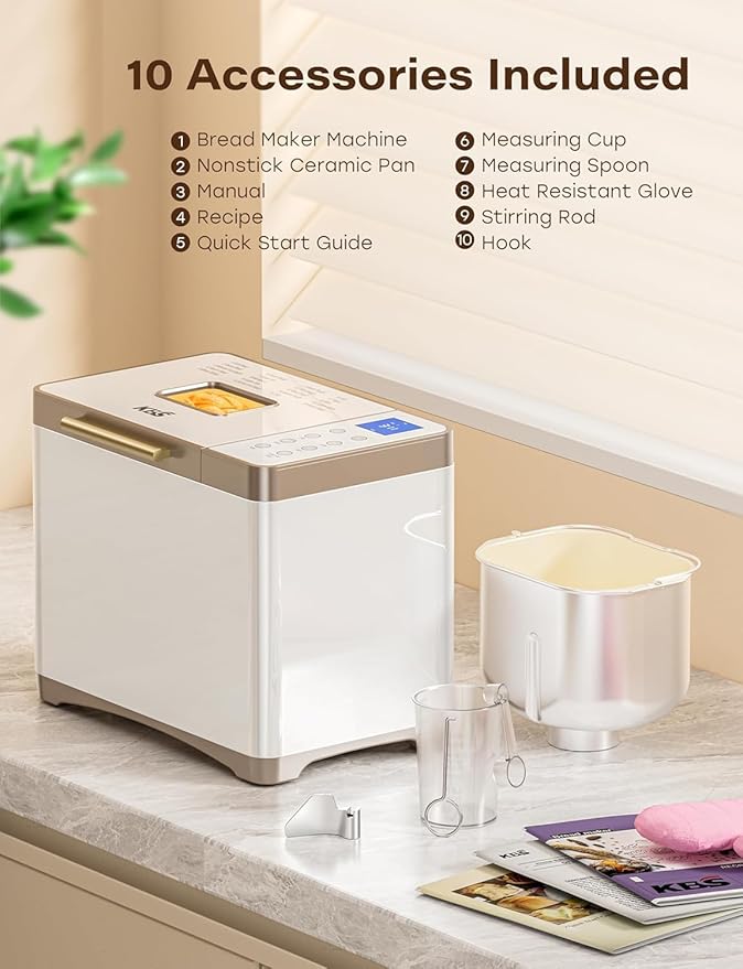 KBS 20-IN-1 Bread Maker with Custom Program, 650W Bread Machine with Nonstick Ceramic Pan & Stainless Steel Paddle, 2LB Bread Maker Machine, Polish Bread, Gluten-Free, Touch Panel, 15H Timer, 3 Colors