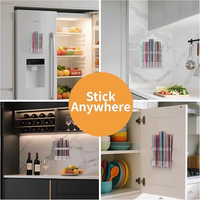 Straw Holder for Cabinet Door, Reusable Tumbler Straw Organizer Storage Container Mount for Kitchen Counter Cupboard Door (Transparent, 5.7inch)