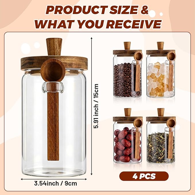 Remerry Set of 4 Glass Jar with Wooden Lid and Spoon, Clear Airtight Spice Canisters Glass Food Storage Kitchen Containers Set for Coffee Bean Tea Sugar (30 oz)