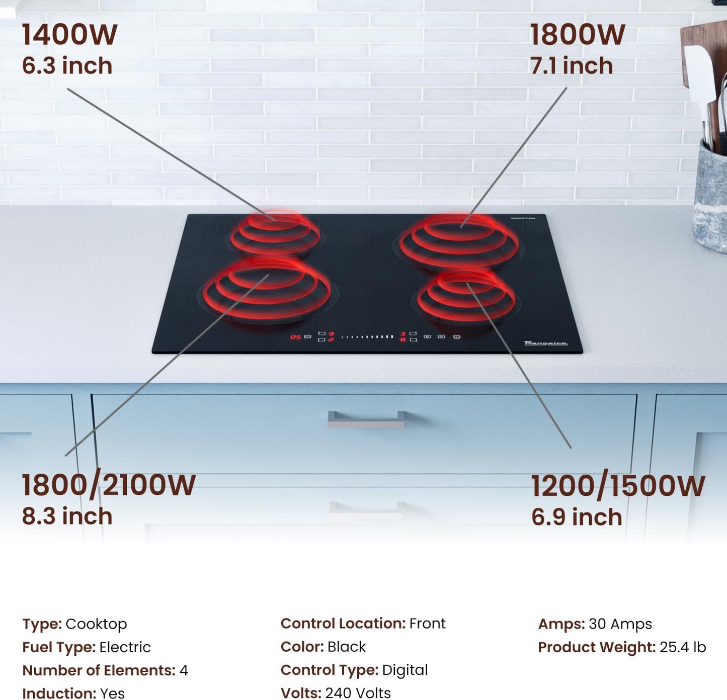 RCI241S 24" Induction Cooktop, 6700W, 4 Burners, Built-in Stove Top, Booster & Timer, 9 Power Levels, Slide Touch Control, Child Safety Lock, 240V Hard Wire, Ceramic Surface
