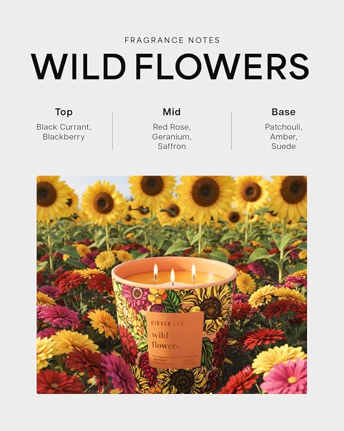 Wild Flowers Scented Candle, 30oz Natural Soy Wax, Large 3 Wicks Luxury Aromatherapy | Natural Candles Non-Toxic | 100+ Hour Clean Burn,Long Lasting Big Candles for Home Decor,Stress Relief,SPA