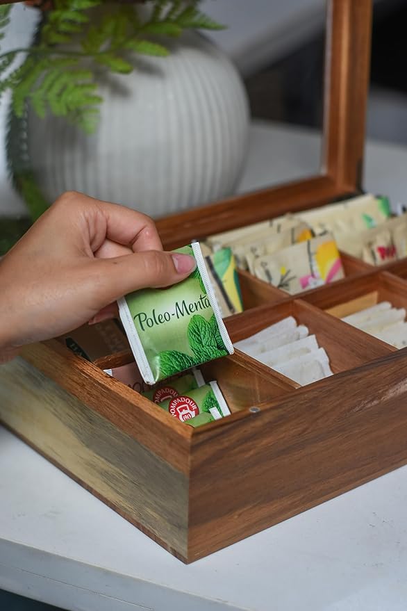 Acacia Wood and Bamboo Tea Bag Organizer - 4 & 8 Compartment Tea Box for Countertop - Tea Station & Coffee Bar Accessories - Fits Large & Craft Tea Bags (Wood, 8 Compartment)