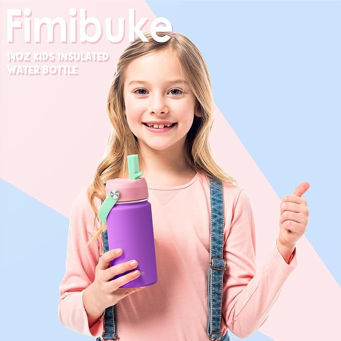 Fimibuke Kids Insulated Water Bottle - 14oz BPA-FREE 18/8 Stainless Steel Travel Tumbler Leak Proof Double Wall Vacuum Kids Cup with Straw Metal Water Bottle for School Boys Girls（2 Pack, Macaron）