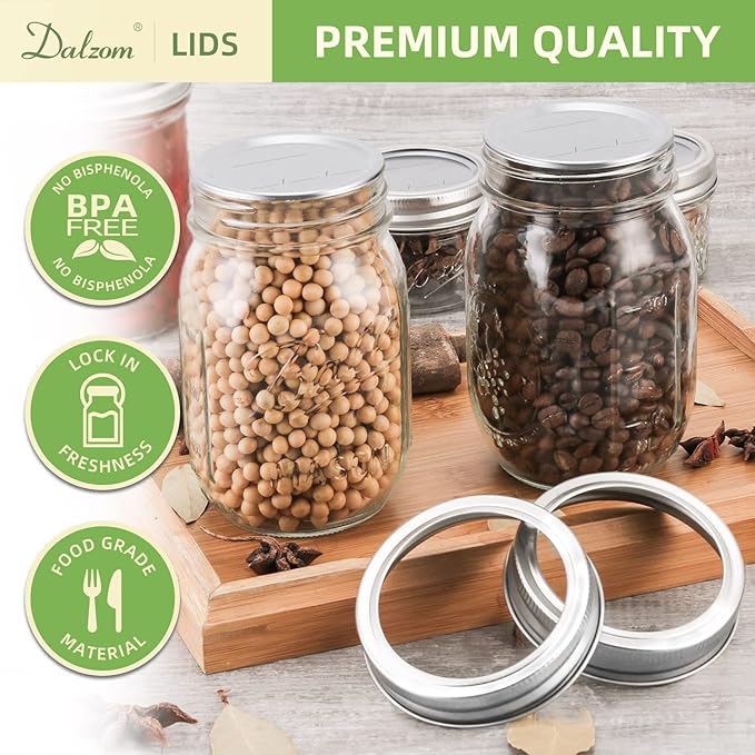 Dalzom® 24Pcs Canning Lids with 24Pcs Rings Wide Mouth, Premium Mason Jar Lids with Bands/Rings for Ball, Kerr Jars - Food Grade Material, 100% Fit & Airtight for Wide Mouth Mason Jars