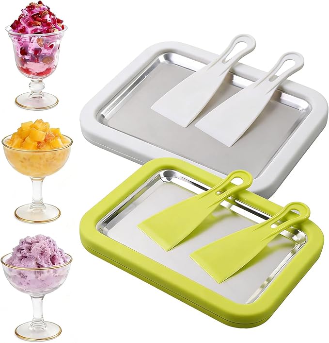 Rolled Ice Cream Maker, New At-Home Ice Cream Roller Maker, DIY Fun Family Activity Instant Ice Cream Tray with Instant Freeze Tray and 2 Scrapers(White+Green)