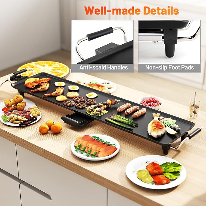39.5” Electric Griddle, Nonstick Extra Large Teppanyaki Grill with Adjustable Temperature, Drip Pan & Insulated Handles, Easy-to-clean Pancake Griddle, BBQ Grill for Indoor & Party