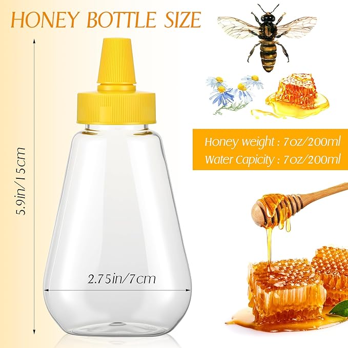 Ziliny 32 Pcs 7 oz Honey Squeeze Bottle Plastic Empty Beehive Bottle Jar with Spout Lid Clear Refillable Honey Containers for Condiment Storing and Dispensing Dispenser (Scalloped)