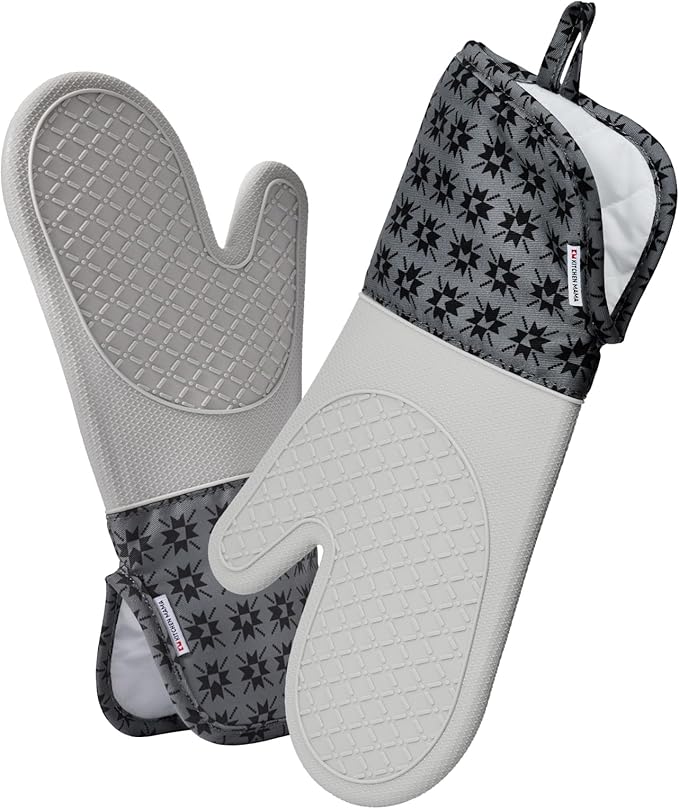 Kitchen Mama UltraShield Silicone Oven Mitts – Heat Resistant, Non-Slip Surface, Durable, Safe, Pot Holders, Flexible Waterproof Glove Set, Perfect for Cooking, Baking, Grilling, BBQ (Gem -Gray)