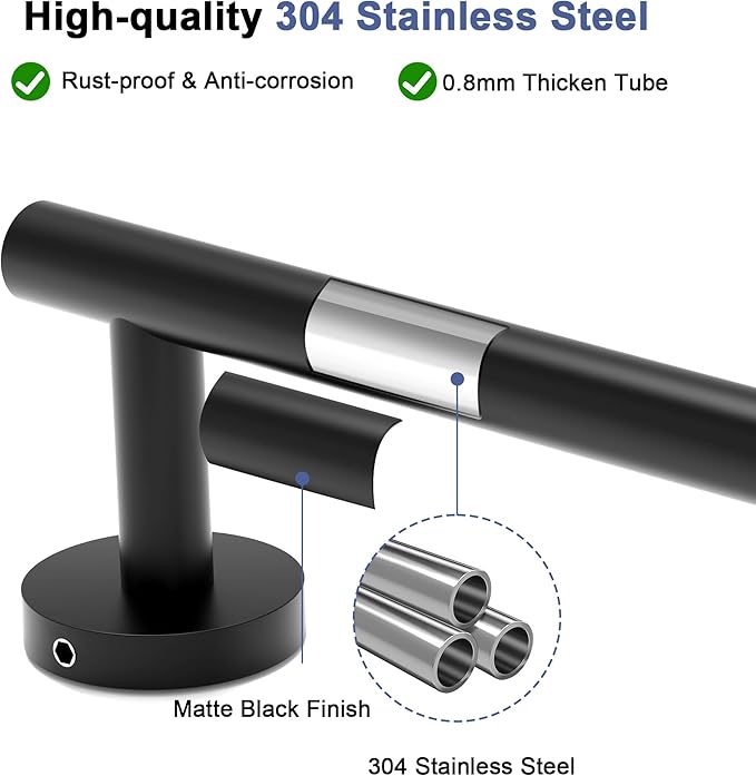Matte Black Towel Bar, 14 Inch Towel Racks for Bathroom Wall Mounted, SUS304 Stainless Steel Bathroom Towel Holder, Total Length 16.4 Inch Towel Bars