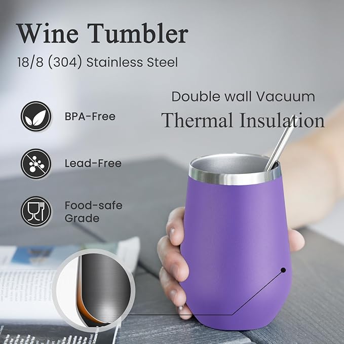 MEWAY 12oz Stainless Steel Wine Tumbler with Lid - Double Wall Vacuum Insulated Swig cups for Hot and Cold Drinks, Ideal for Coffee, Wine, Beer, gifts for Women under 10 dollars(Purple,Set of 8)