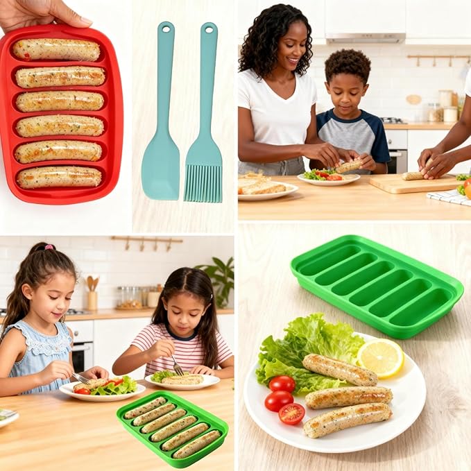 2 Pcs Silicone Sausage Mold with a Set of Silicone Brush Spatula and 25x Pastry Bags,Non-Stick Hot Dog Bun Pan,DIY Handmade Ham Sausage,Hot Dogs Baking Mold for Children's Food with Lid(Red,Green)