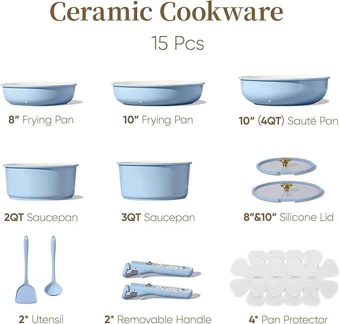 CAROTE 15Pcs Ceramic Cookware Set, Pots and Pans Set Non Stick, Kitchen Cooking Set with Detachable Handle, Non Toxic Induction Cookware, Dishwasher/Oven Safe