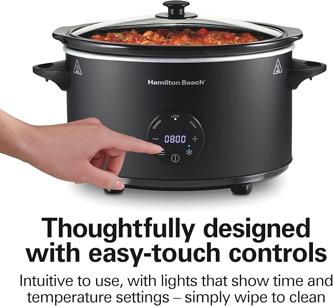 Hamilton Beach 6 Quart Set & Forget Programmable Slow Cooker with Defrost Function, Flexible Programming, Adjustable Countdown Timer, Large Dishwasher Safe Stoneware Crock and Glass Lid, Black (33765)