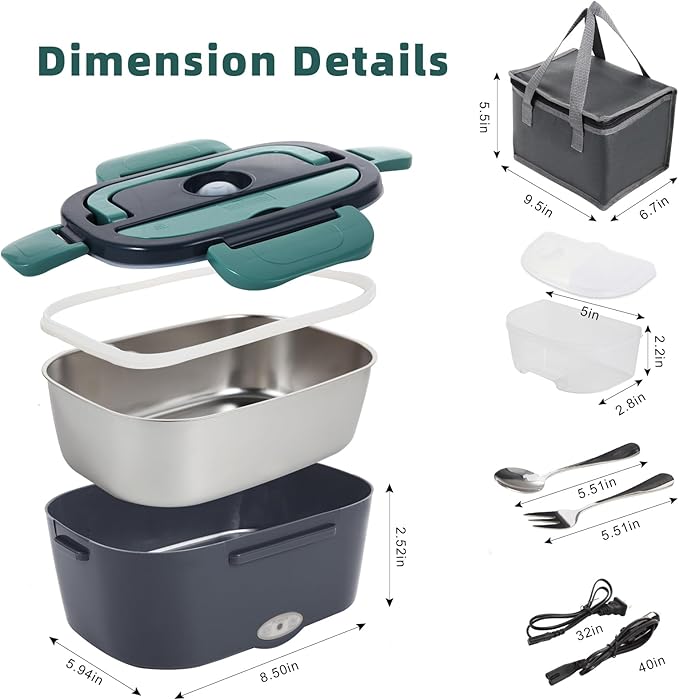 SOHIDA Electric Lunch Box Food Heater, 80W Portable Warmer for Car Truck Work with 304 Stainless Steel Container, 12V/24V/110V Green Heated Lunch Box Suitable for Ideal Driver/Work/Gift