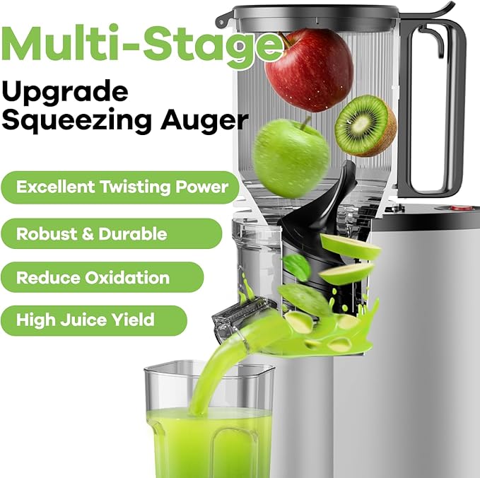 EanOruus Cold Press Juicer, 5.8" Wide Feed Chute Juice Extractor Machine with 400W, High Juice Yield, Slow Masticating Juicer for Whole Vegetables & Fruits, Silver