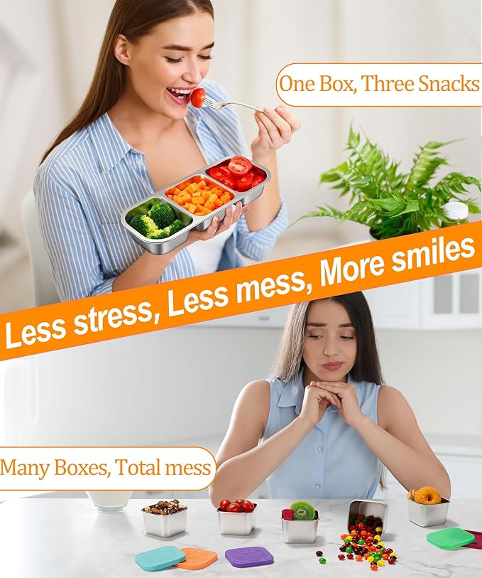 KTKUDY 5 Pack Stainless Steel Snack Containers for Kids & Adults - Large - Leak-Proof 3-Compartment Stackable Snack Lunch Boxes for School, Work & Travel