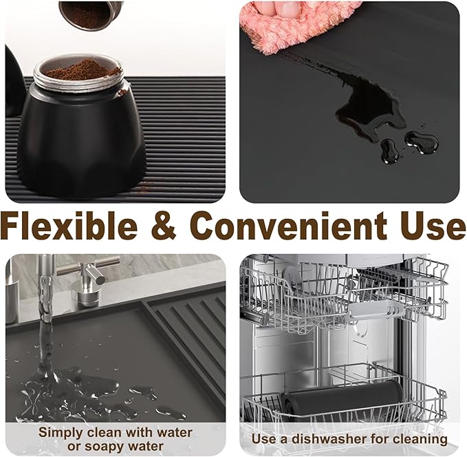 3-Pack Silicone Coffee Mat Set, 24" x 16" Coffee Bar Mat for Countertop with Separable Small Drying Mat and Espresso Tamping Mat, Fit Under Coffee Maker Espresso Machine, Black