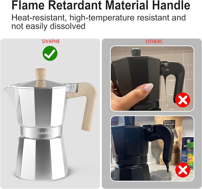 Sivaphe Aluminum Moka Pot 3 Espresso Cups, Percolator Espresso and Coffee Maker, Portable Stovetop Italian and Cuban Café Brewer for Home and Camping Sliver