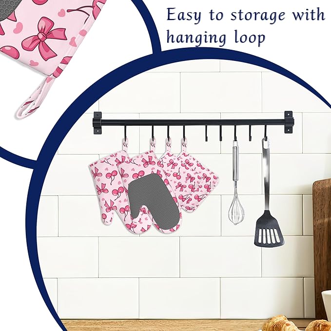 Cute Bows Cherry Oven Mitts and Pot Holders Sets of 4 Pink Love Heart Heat Resistant Silicone Oven Mits Gloves Non-Slip Kitchen Mittens Potholders for Cooking Baking Grilling BBQ