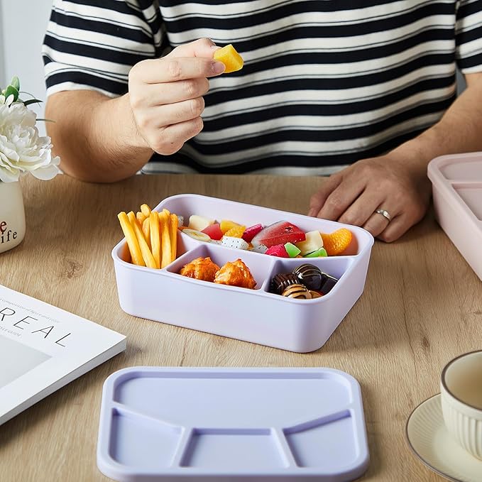 Ziliny 4 Pcs Silicone Bento Box Reusable Lunch Container Smooth Leak Proof Lunch Box Rectangle Bento Boxes for Adult Work Travel Food Meal Compartment Storage, 4 Colors (Light Color)