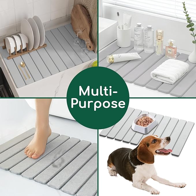 Stone Drying Mat for Kitchen Counter, LightGray 24"×16" Collapsible Fast Drying Dish Mats, Diatomaceous Earth Water Absorbing Mat for Dishes Bottles Cups