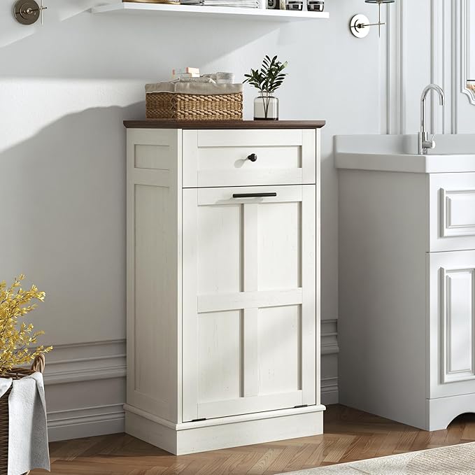 chartustriable Farmhouse Tilt-Out Trash Can Cabinet, 12.5 Gallon Laundry Hamper with Drawers, Wooden Hidden Garbage Can Cabinet w/Storage for Kitchen & Living Room, Antique White
