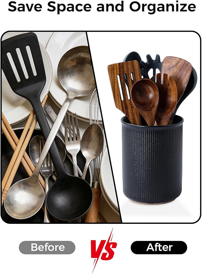 LoeJan Utensil Holder, Extra Large Utensil Crock, Stable Ceramic Utensil Organizer, Cooking Tool Organizer Set for Kitchen Counter Farmhouse Décor, Textured Black