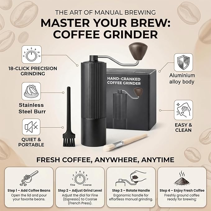 Manual Coffee Grinder with 420 Stainless Steel Burr, Adjustable Settings for Espresso & Turkish Coffee, Portable Hand Crank Coffee Grinder, 45g Capacity, Aluminum Body with Walnut Handle for Multi Use