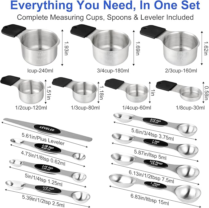Magnetic Measuring Cups & Spoons Set, Strong N45 Magnets, Heavy Duty Stainless Steel Fits in Spice Jars for Baking & Cooking, BPA Free, Round Set of 15 with Leveler,Dark Black