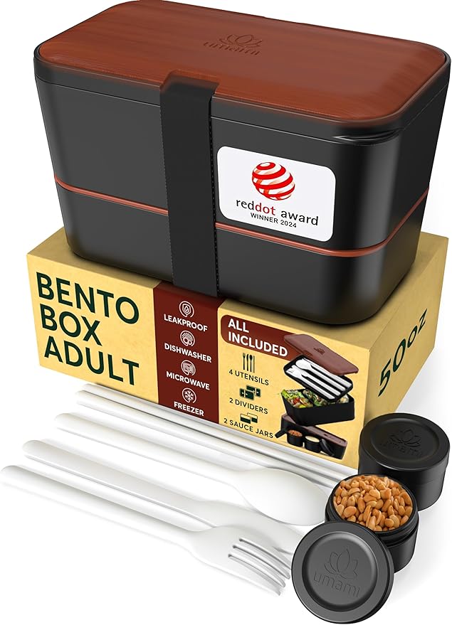 Umami Premium Lunch Box Containers w/ 4 Utensils, 2 Sauce Jars, Nestable Space-Saving Bento Box Adult, 100% Leakproof, Microwavable Lunch Containers for Adults, Sapele Black, 50 oz